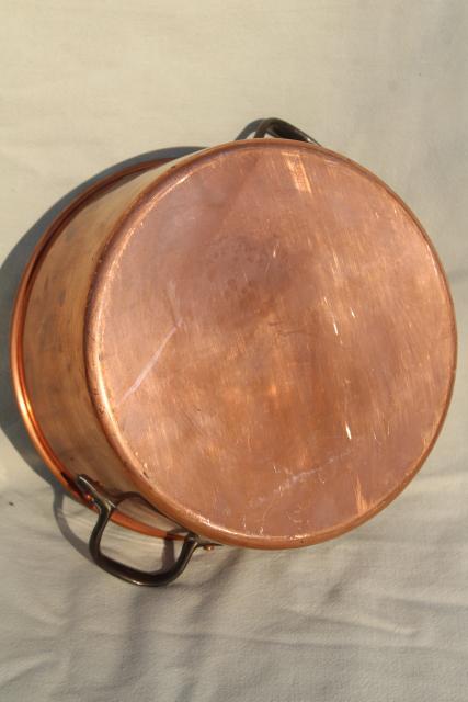 photo of vintage copper stockpot w/ brass handles, big deep soup pot 3 qt size #7