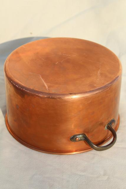 photo of vintage copper stockpot w/ brass handles, big deep soup pot 3 qt size #8