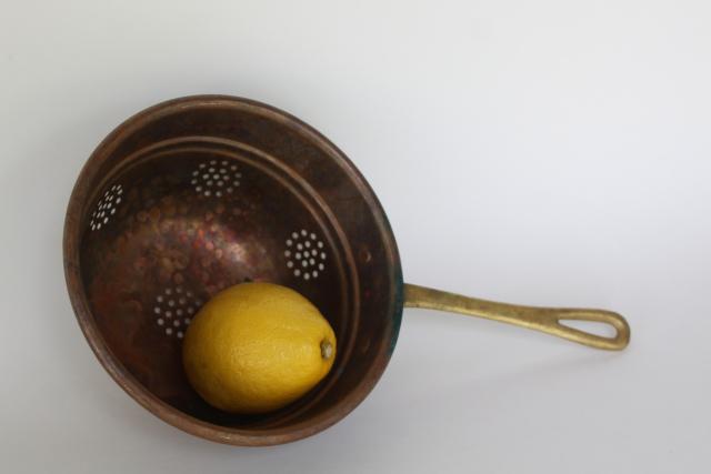 photo of vintage copper strainer basket w/ brass handle, kitchen colander bowl scoop #2