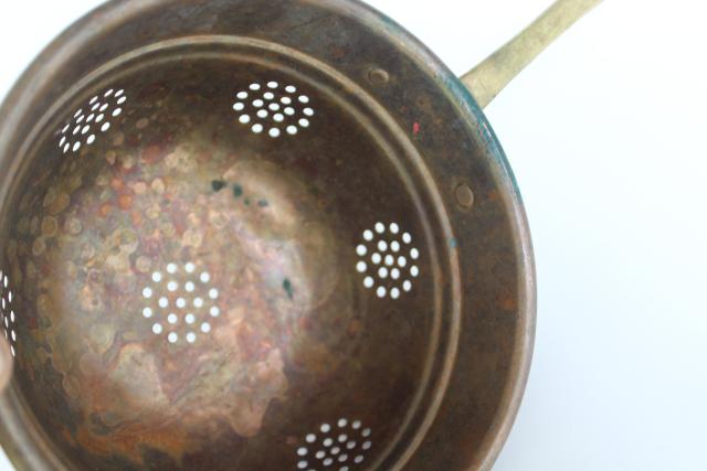 photo of vintage copper strainer basket w/ brass handle, kitchen colander bowl scoop #3