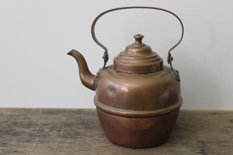 photo of vintage copper tea kettle, farmhouse primitive tarnished copper teapot, Volund Norway #1