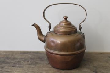 catalog photo of vintage copper tea kettle, farmhouse primitive tarnished copper teapot, Volund Norway