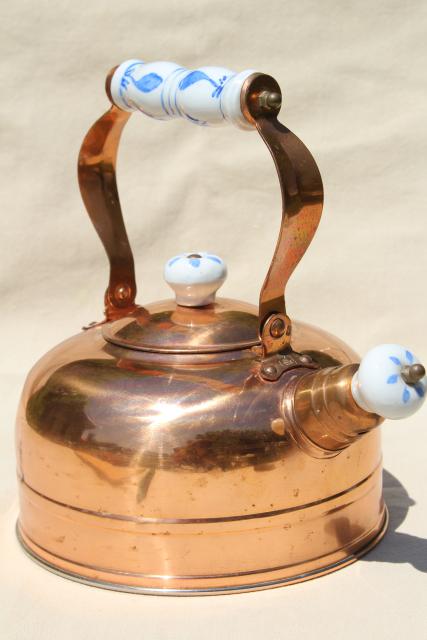 photo of vintage copper tea kettle, whistling teakettle w/ blue & white china handle #1