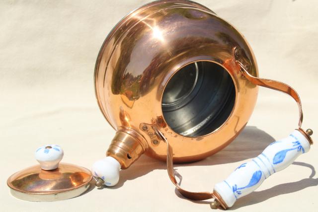 photo of vintage copper tea kettle, whistling teakettle w/ blue & white china handle #7