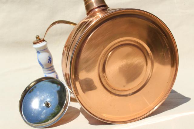 photo of vintage copper tea kettle, whistling teakettle w/ blue & white china handle #9