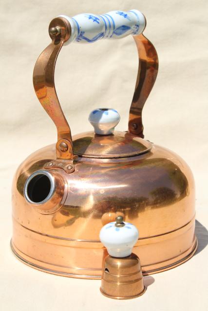 photo of vintage copper tea kettle, whistling teakettle w/ blue & white china handle #10