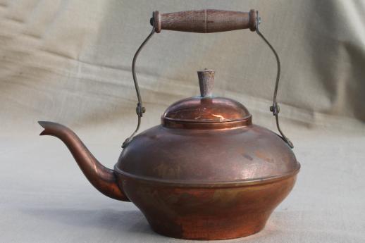 photo of vintage copper tea kettle with wood handle, made in Portugal #1