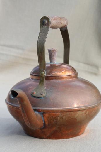 photo of vintage copper tea kettle with wood handle, made in Portugal #2