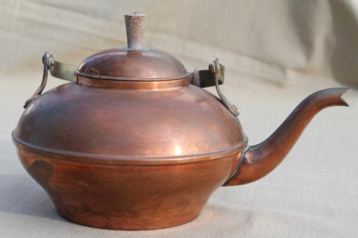 photo of vintage copper tea kettle with wood handle, made in Portugal #3