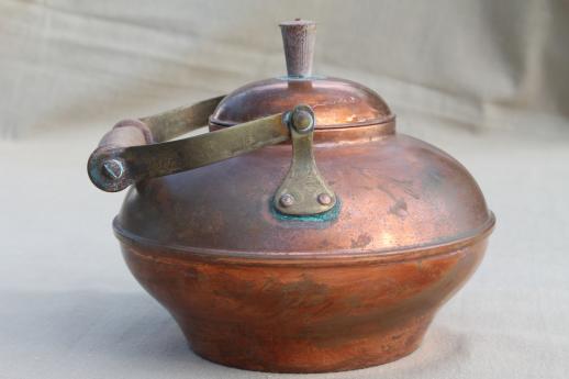 photo of vintage copper tea kettle with wood handle, made in Portugal #4