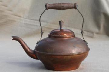 catalog photo of vintage copper tea kettle with wood handle, made in Portugal