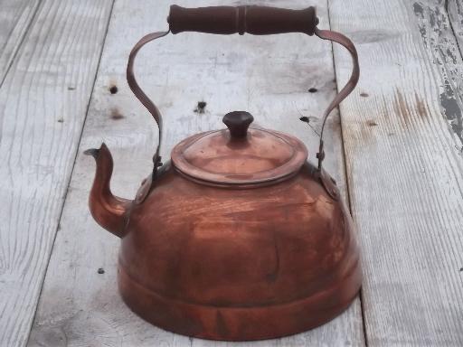 photo of vintage copper tea kettle with wood handle, made in Portugal #1