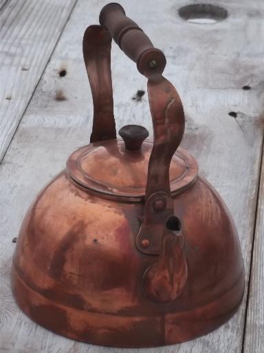 photo of vintage copper tea kettle with wood handle, made in Portugal #3