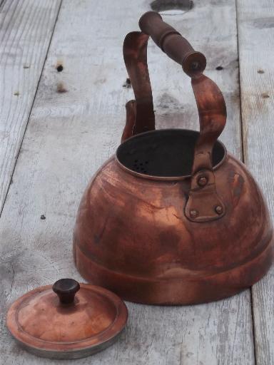 photo of vintage copper tea kettle with wood handle, made in Portugal #4