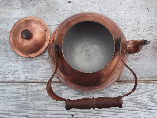 photo of vintage copper tea kettle with wood handle, made in Portugal #5