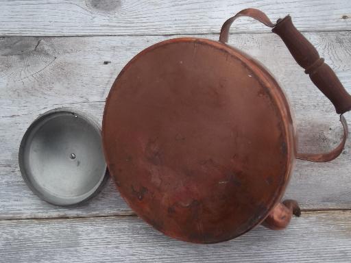 photo of vintage copper tea kettle with wood handle, made in Portugal #6