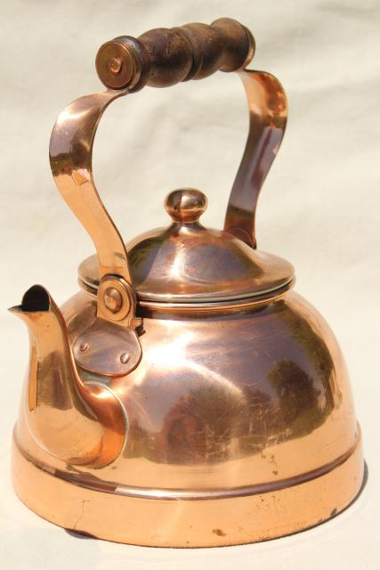 photo of vintage copper teakettle, tea kettle w/ wood handle, Portugal copper kitchen ware #1