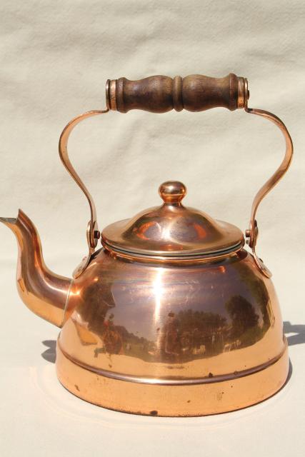 photo of vintage copper teakettle, tea kettle w/ wood handle, Portugal copper kitchen ware #3