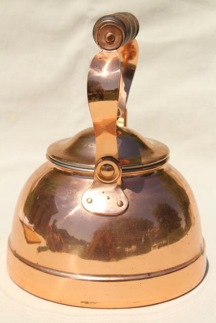 photo of vintage copper teakettle, tea kettle w/ wood handle, Portugal copper kitchen ware #4