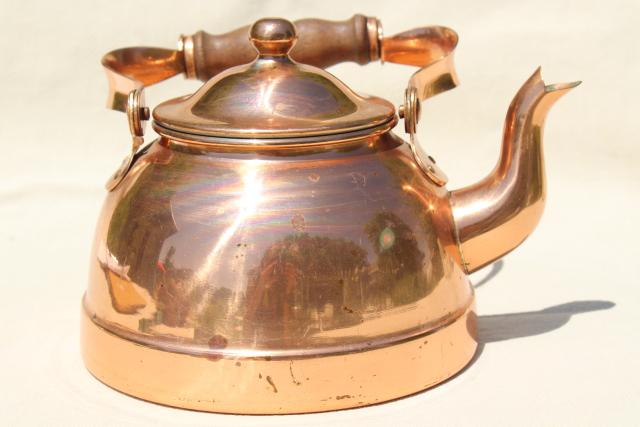 photo of vintage copper teakettle, tea kettle w/ wood handle, Portugal copper kitchen ware #5