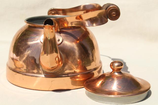 photo of vintage copper teakettle, tea kettle w/ wood handle, Portugal copper kitchen ware #6