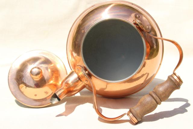 photo of vintage copper teakettle, tea kettle w/ wood handle, Portugal copper kitchen ware #7