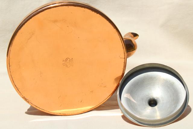 photo of vintage copper teakettle, tea kettle w/ wood handle, Portugal copper kitchen ware #9