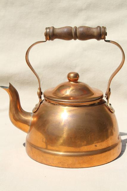 photo of vintage copper teakettle, tea kettle w/ wood handle, Portugal copper kitchen ware #3