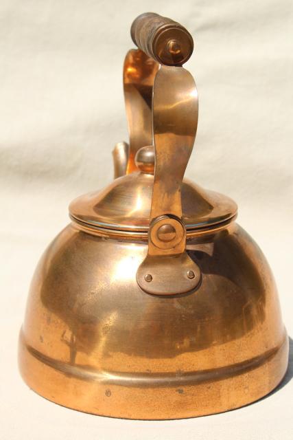 photo of vintage copper teakettle, tea kettle w/ wood handle, Portugal copper kitchen ware #4