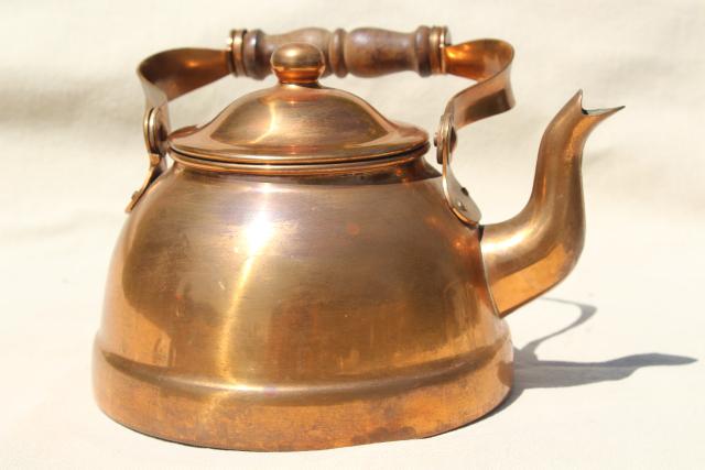 photo of vintage copper teakettle, tea kettle w/ wood handle, Portugal copper kitchen ware #5