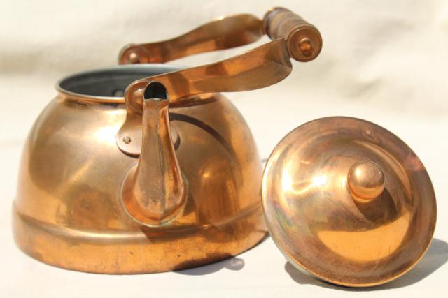 photo of vintage copper teakettle, tea kettle w/ wood handle, Portugal copper kitchen ware #6