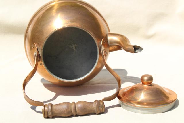 photo of vintage copper teakettle, tea kettle w/ wood handle, Portugal copper kitchen ware #8