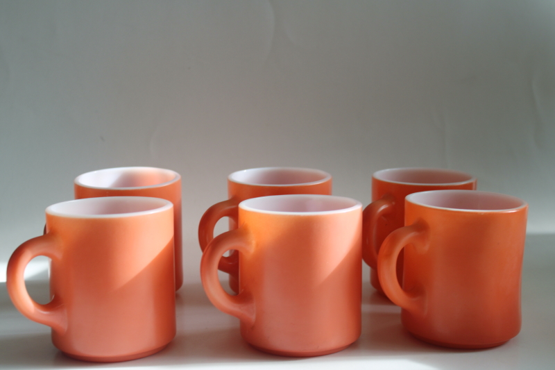 photo of vintage coral orange milk glass coffee mugs, Glasbake, Fire King, Anchor Hocking?  #4