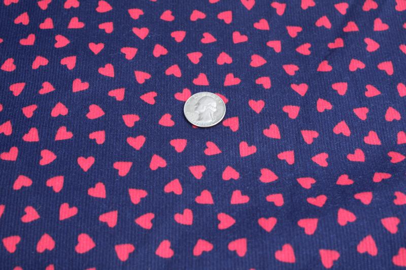 photo of vintage corded weave cotton fabric, Cranston print red hearts on navy blue #1