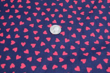 catalog photo of vintage corded weave cotton fabric, Cranston print red hearts on navy blue