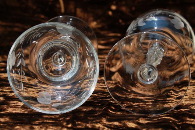 photo of vintage cordial wine glasses, spiral twist pressed glass stems w/ etched cut floral #6