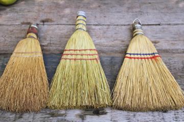 catalog photo of vintage corn broom whisk brush hand brooms lot of three, farmhouse primitives 