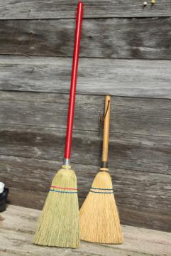 catalog photo of vintage corn brooms, whisk broom & child's size sweeping broom, rustic farmhouse decor