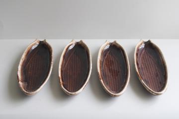 catalog photo of vintage corn on the cob dishes, McCoy brown drip pottery plates set of four 