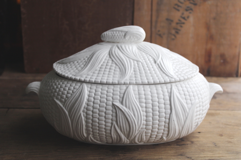 photo of vintage corn ware ceramic tureen or covered bowl, all white, modern farmhouse decor  #1