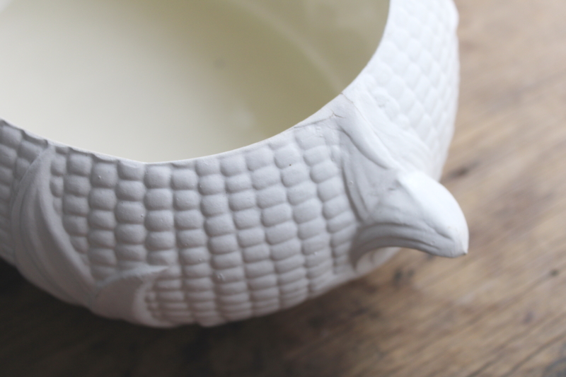 photo of vintage corn ware ceramic tureen or covered bowl, all white, modern farmhouse decor  #4