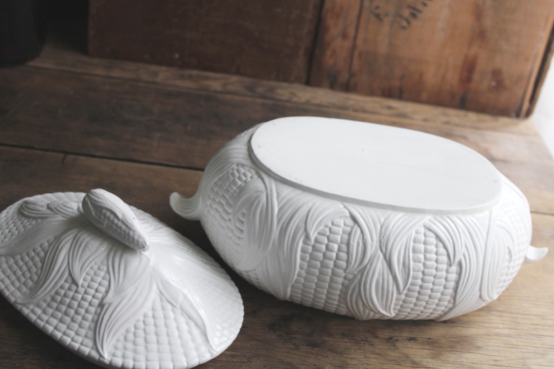 photo of vintage corn ware ceramic tureen or covered bowl, all white, modern farmhouse decor  #5