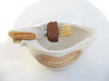 catalog photo of vintage cornware melted butter bowl & brush, sweet corn on the cob
