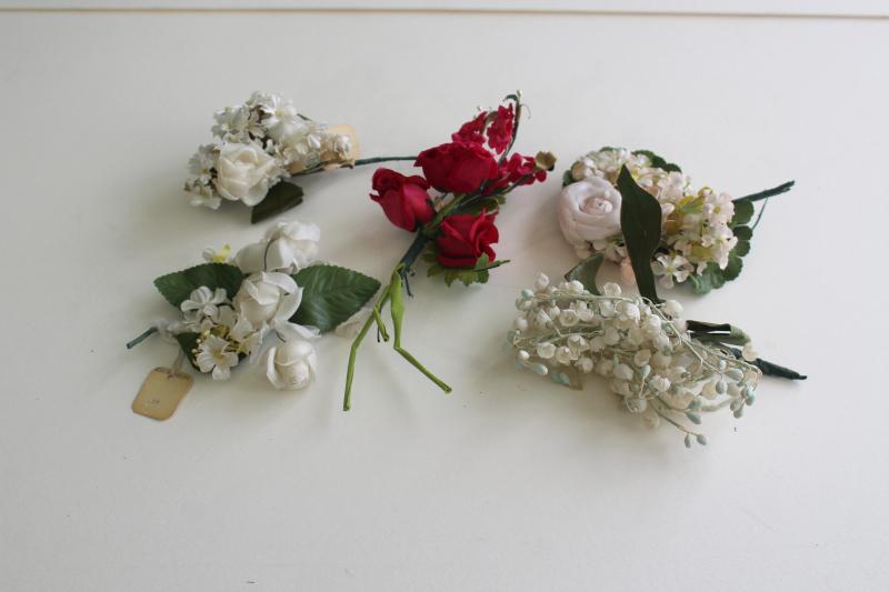 photo of vintage corsages, silk fake flowers w/ clasp pins, original dime store tags #1