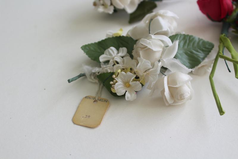 photo of vintage corsages, silk fake flowers w/ clasp pins, original dime store tags #2