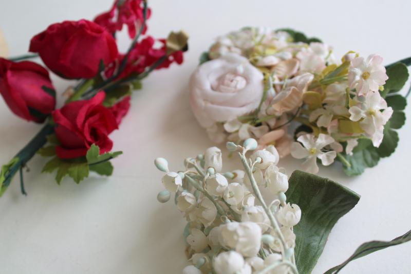 photo of vintage corsages, silk fake flowers w/ clasp pins, original dime store tags #3