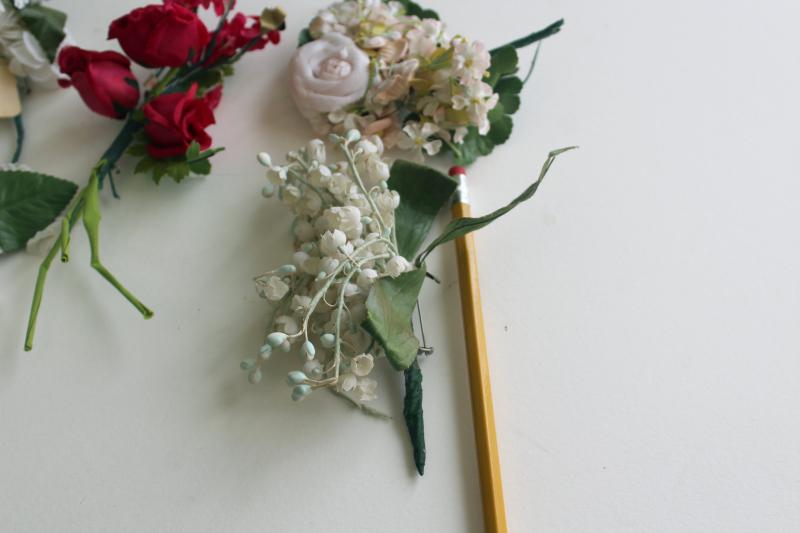 photo of vintage corsages, silk fake flowers w/ clasp pins, original dime store tags #5