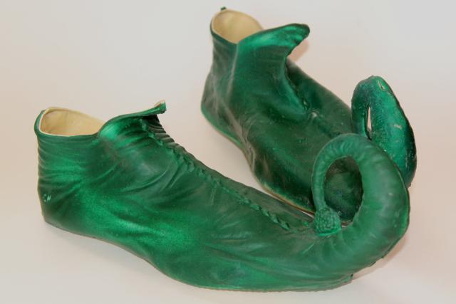 photo of vintage costume elf leprechaun gnome fairy tale dwarf shoes, green rubber slippers #1