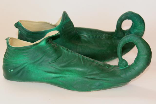 photo of vintage costume elf leprechaun gnome fairy tale dwarf shoes, green rubber slippers #3