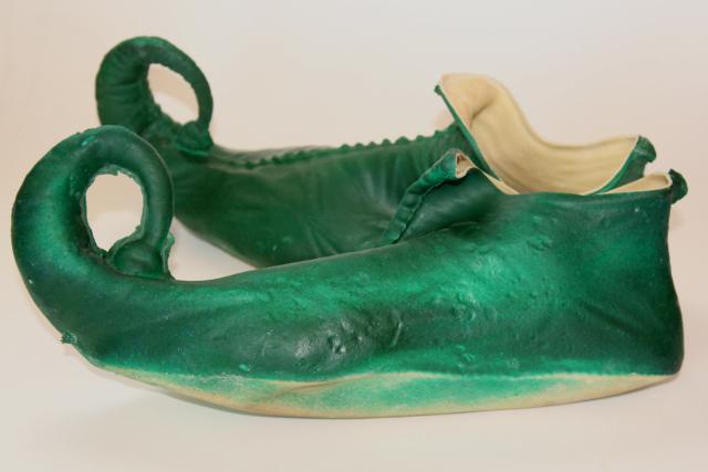 photo of vintage costume elf leprechaun gnome fairy tale dwarf shoes, green rubber slippers #5